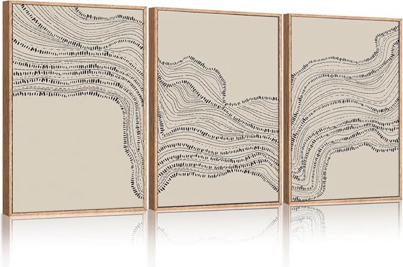 hlniuc neutral abstract framed canvas wall art set, black beige wave line wall decor, large minimalist painting, modern geometric art print for living room, bedroom, dinning room, office - 16"x24"x3