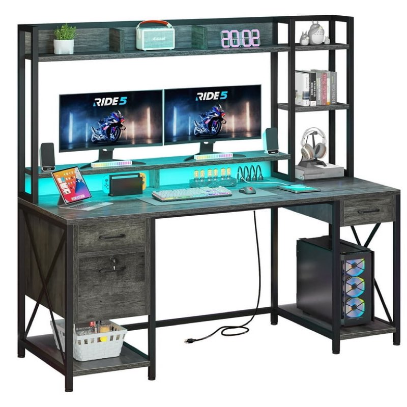 dwvo computer desk with drawers & hutch, 59.1" office desk with power outlets & led lights, home off