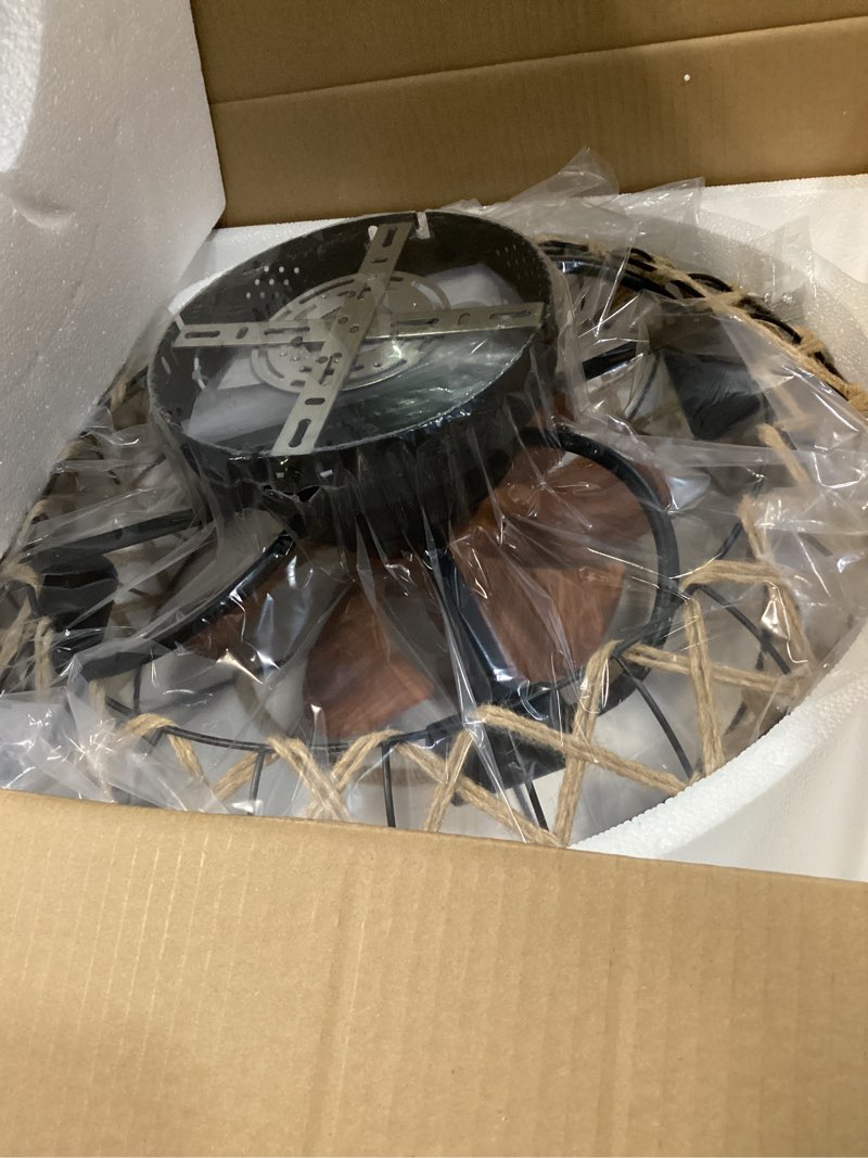 Condition photo showing New/Like New for 21'' caged ceiling fan with lights remote control, farmhouse flush mount low profile ceiling fan, reversible motor 6 speeds 1-4 timing, enclosed industrial bladeless ceiling fan