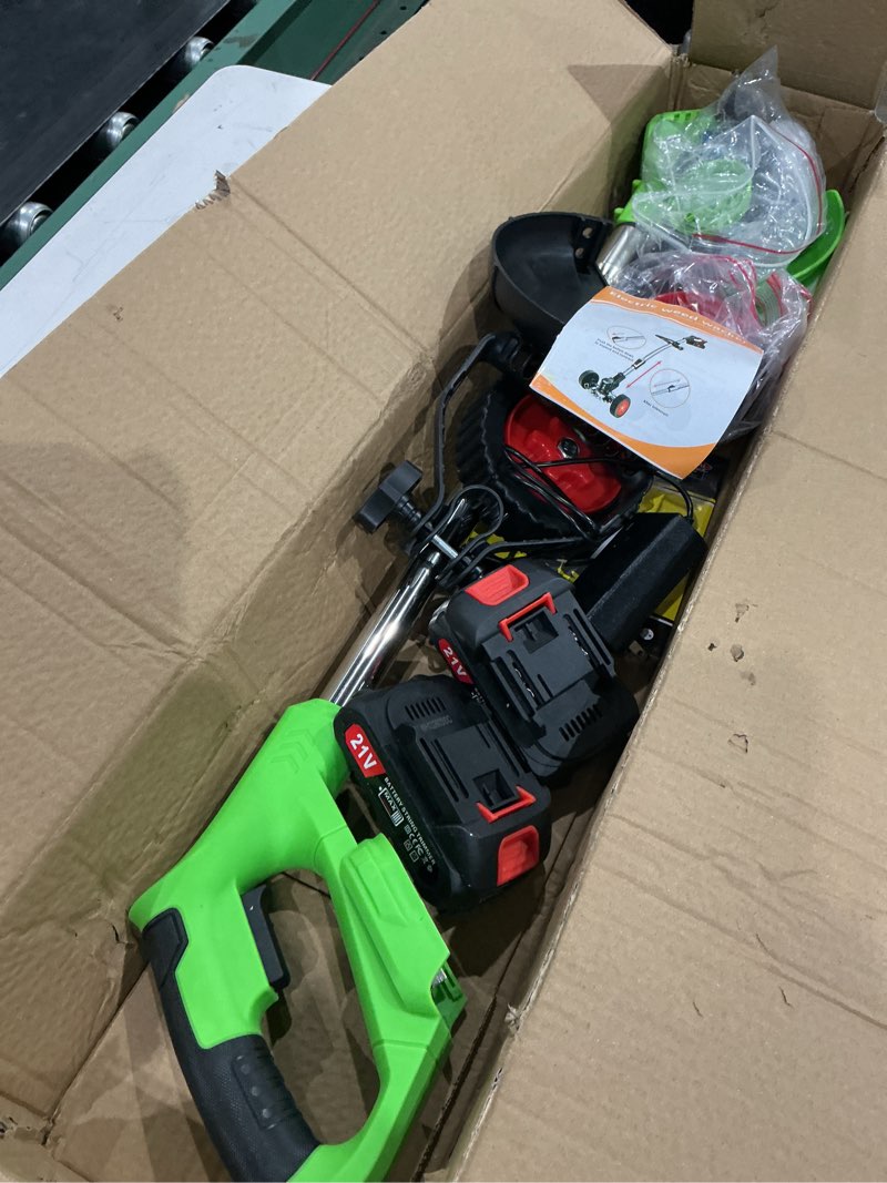 Condition photo showing As Is for electric weed wacker battery operated,cordless weed wacker battery powered 2000mah 21v,3 in 1 cordless grass trimmer eater with wheels, push lawn trimmer/brush cutter for yard garden