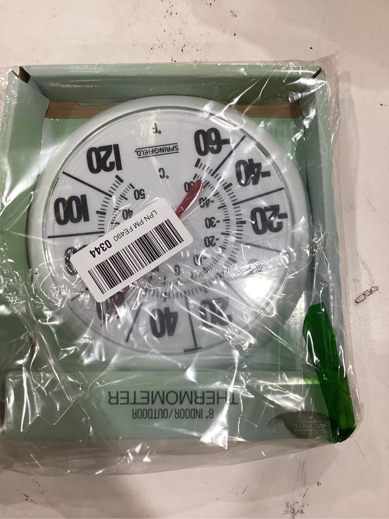 Condition photo showing New/Like New for Springfield Indoor Outdoor Big Dial Thermometer, Wireless with Large Easy-to-Read Numbers, 8-Inch Dial for Patio, Pool, or Indoor Use, White Finish White No Size