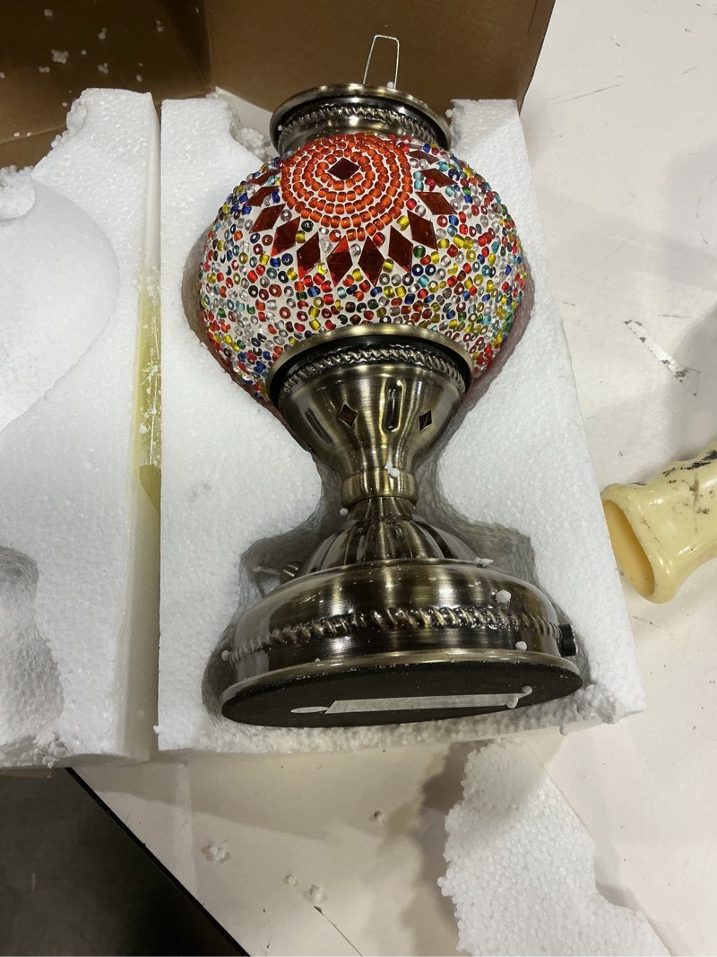 Condition photo showing Good Condition for yarra-decor turkish moroccan lamp with bronze base handmade tiffany mosaic glass lamps portable bedside lamps with rechargeable battery 2000mah (led bulb included) (orange1)