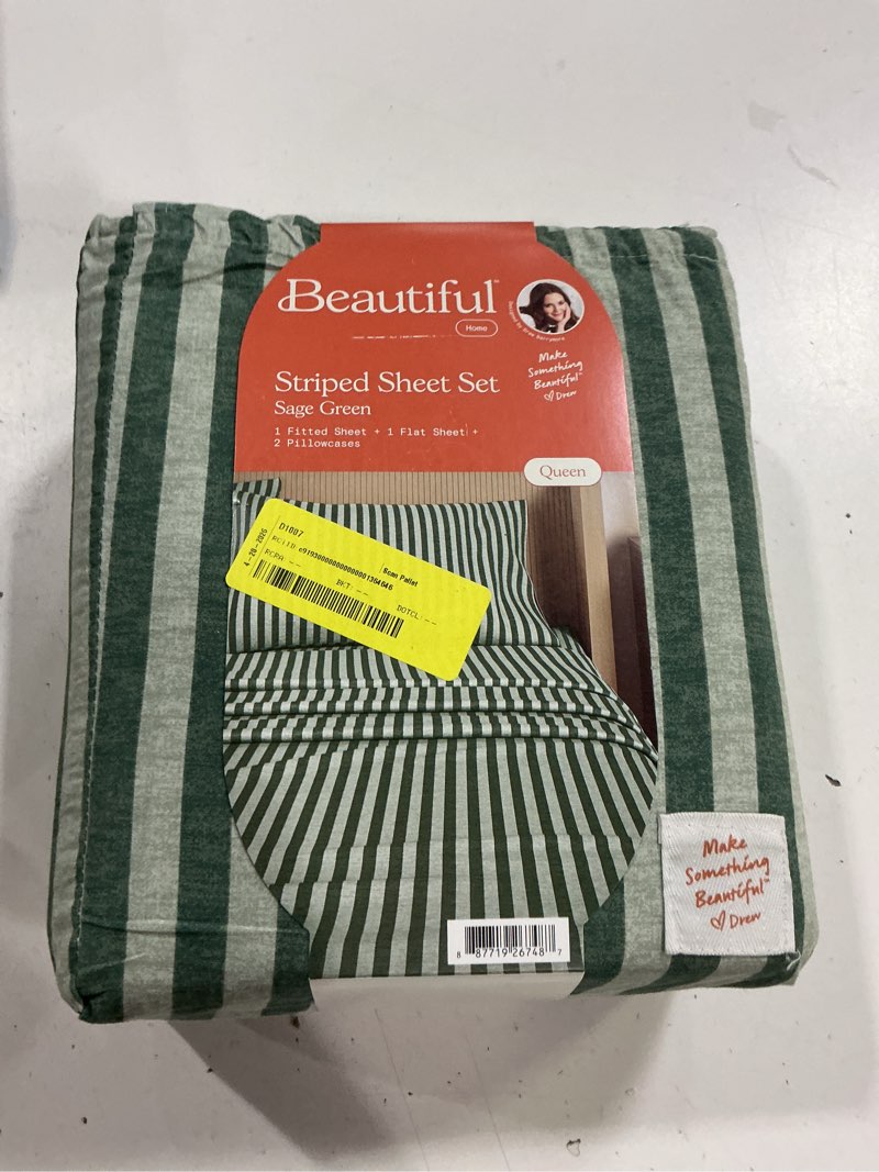 Condition photo showing New/Like New for beautiful striped 4-piece 100% cotton percale sage green sheet set, queen by drew barrymore