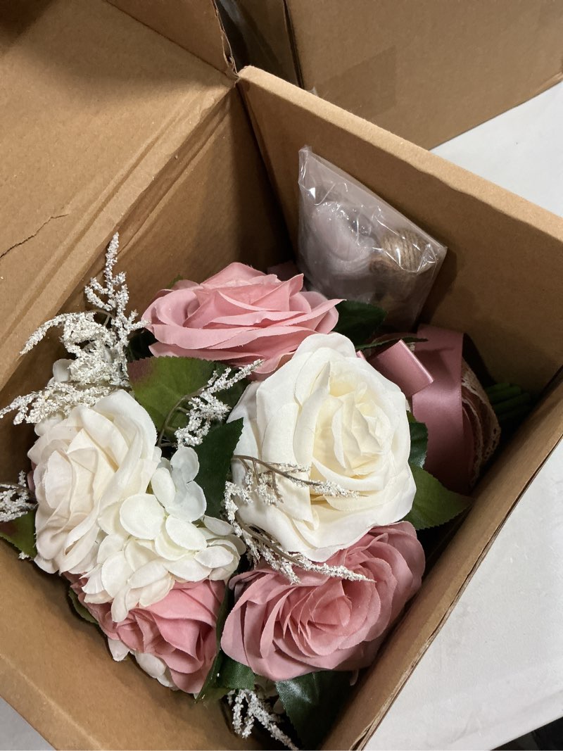 Condition photo showing Good Condition for dusty pink wedding bouquets for bride bridesmaid,white blush pink artificial fake silk roses flowers bridal bouquet for wedding french vintage boho rustic church decoration toss bouquet (8.6in(m)) dusty pink 8.6in(m)