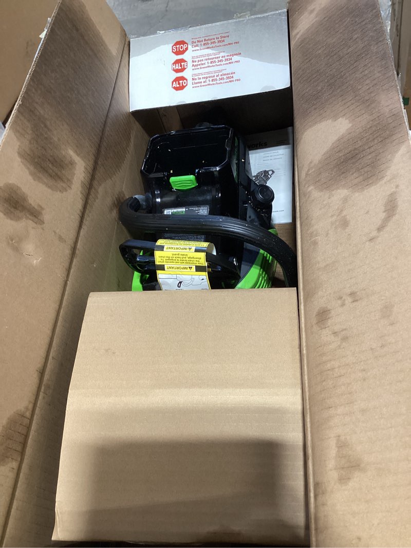 Condition photo showing As Is for greenworks 80v 18" brushless cordless chainsaw (great for tree felling, limbing, pruning, and firewood) / 75+ compatible tools), 2.0ah battery and rapid charger included 18" (2.0ah) 1.8kw motor
