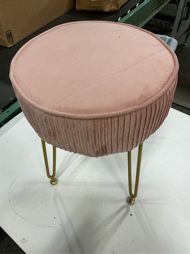 Condition photo showing Good Condition for IBUYKE Velvet Round Footrest Ottoman, Makeup Vanity Stool Side Table, Velvet Dressing Table Seat, Pouf Couch Stool, Golden Steel Legs, Pink LG-30P without storage Pink