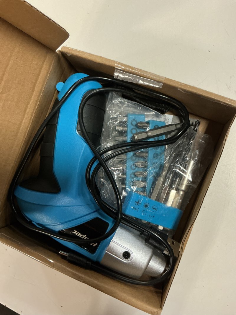 Condition photo showing Good Condition for hi-spec small electric screwdriver, mini drill set, rechargeable 3.6v cordless screwdriver with 26 driver bits, power tool for small projects & home use, blue
