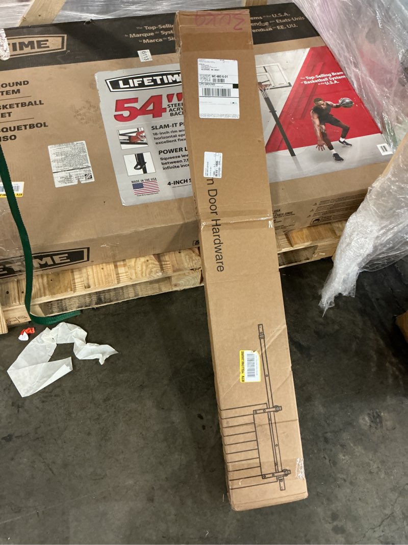 Condition photo showing New/Like New for 90 in. frosted black sliding barn door hardware track kit for double doors with non-routed floor guide