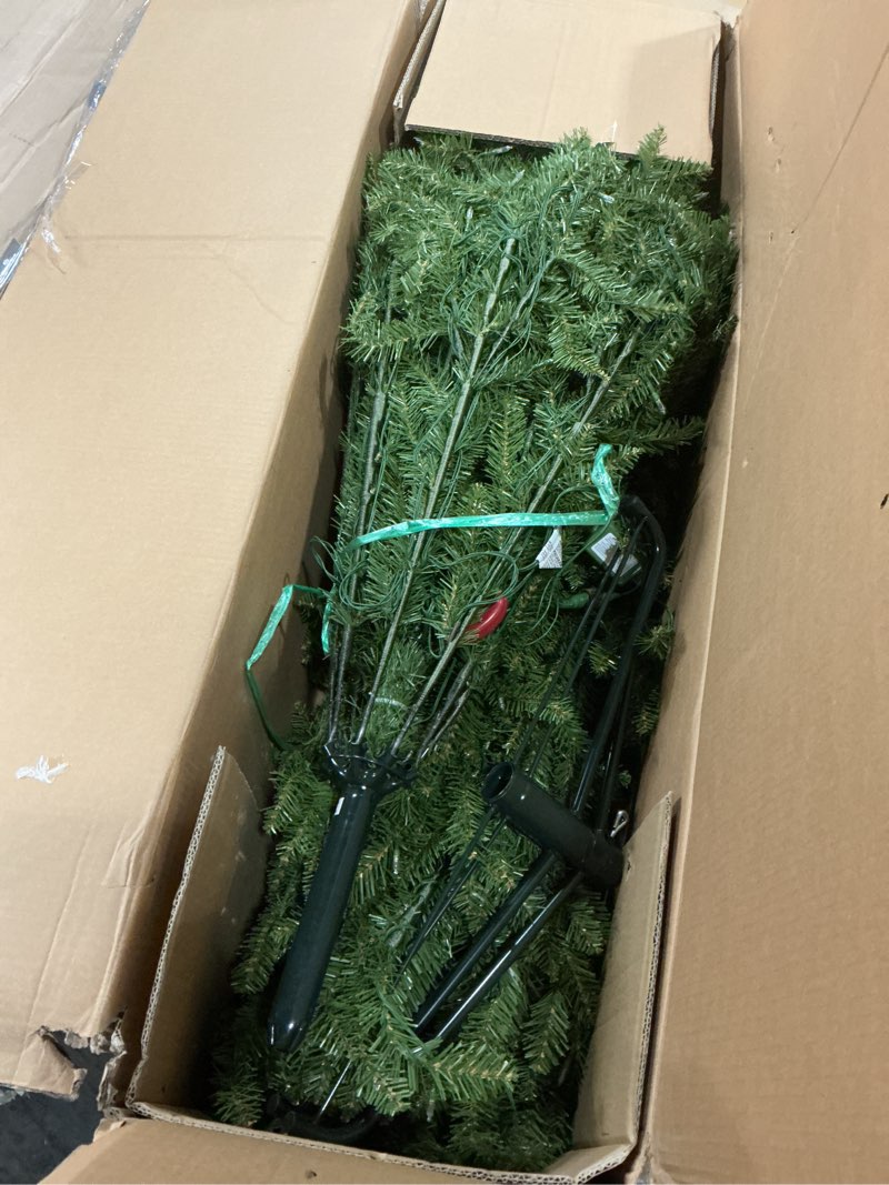 Condition photo showing As Is for National Tree Company 7.5 ft Pre-Lit Dunhill Fir Artificial Christmas Tree, 700 LED Lights, 2,514 Tips, Foot Pedal, 10 Light Functions, Includes Stand, Green