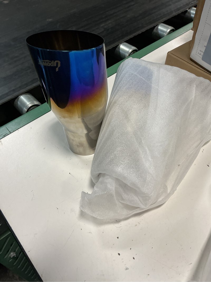 Condition photo showing As Is for upower pack of 2 blue burnt exhaust tip 2.5" inlet 3.5" outlet 7.75 long 304 stainless steel 2.5" to 3.5" exhaust tail pipe tips weld on single slant cut