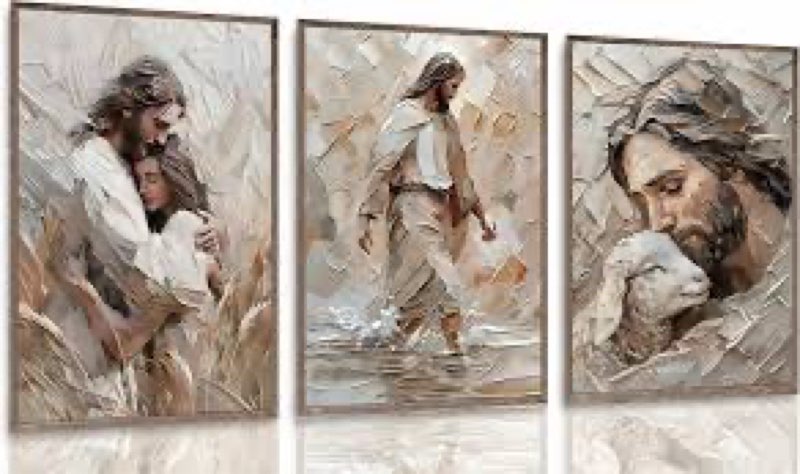 3pcs framed Jesus Wall Art Jesus Walking on Water, Jesus Holding Sheep, Jesus Hugging Woman Picture 