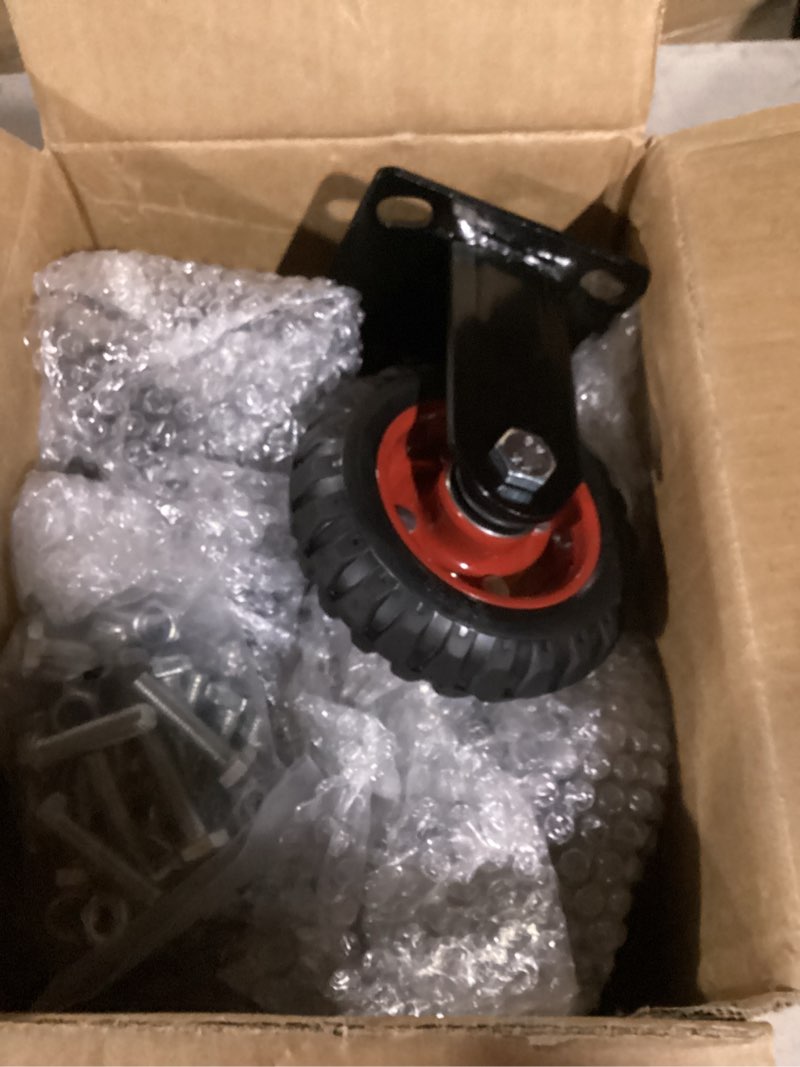 Condition photo showing Good Condition for Nefish 5 Inch Heavy Duty Casters Set of 4, Solid Rubber Outdoor Casters Wheels, Industrial Grade Rubber Castors with Knobby Tread for Cart, Wagon and Chicken Coop (2 Brake & 2 Rigid)