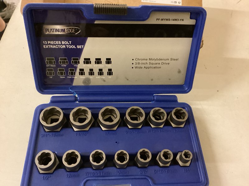 Condition photo showing New/Like New for platinumedge 13 pieces impact bolt & nut remover set, stripped bolt extractor set, cr-mo extraction tool set with solid storage case, easy out rusted rounded damaged nuts and bolts
