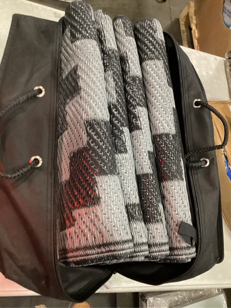 Condition photo showing Good Condition for sand mine waterproof outdoor rug 6x9 ft, plastic reversible rug, modern area rug, large floor mat for outdoors, rv, patio, backyard, deck, picnic, beach, camping, black grey lattice black & grey 6' x 9'