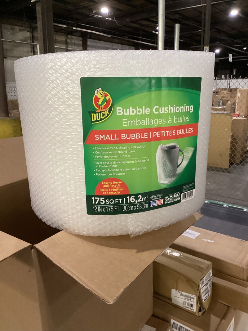 Condition photo showing New/Like New for Duck Brand Small Bubble Cushioning Wrap for Moving & Shipping - 175 FT Bubble Packing Wrap for Extra Protection Packaging Boxes & Mailers - Clear Bubble Roll Moving Supplies, Perforated Every 12 IN 12 in. x 175 ft.