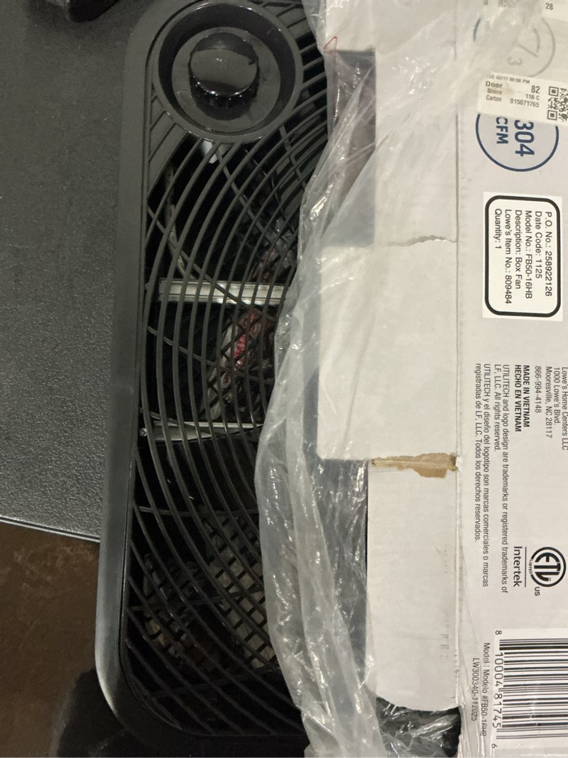 Condition photo showing As Is for utilitech 20-in 120-volt 3-speed high velocity indoor black box fan