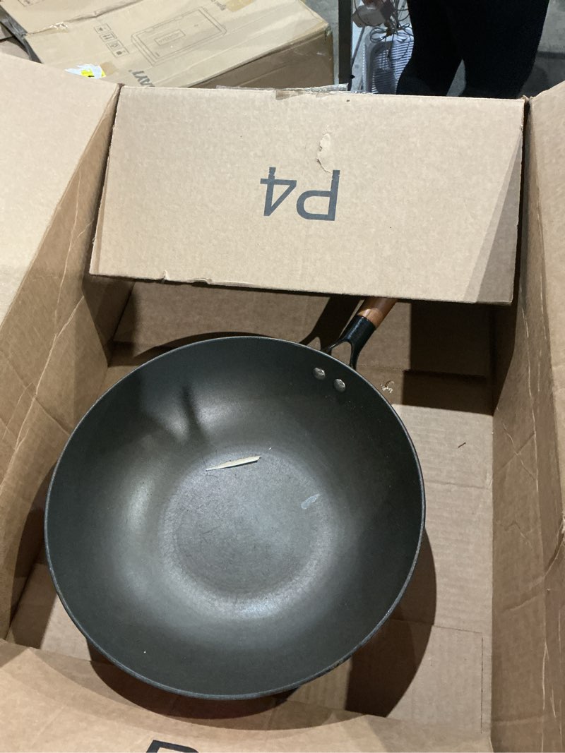 Condition photo showing As Is for IMUSA USA GKG-61021 Light Cast Iron Wok, 14", Red Handles Black