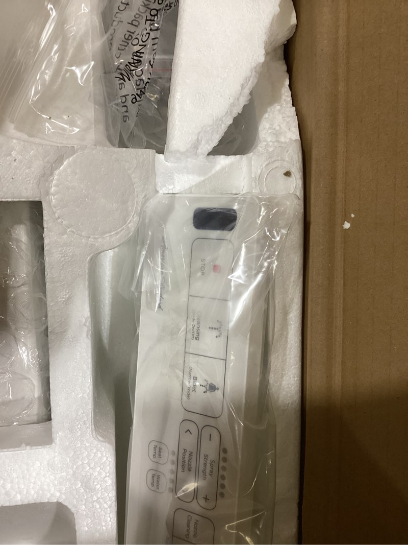Condition photo showing As Is for alpha bidet jx2 elongated bidet toilet seat, white, endless warm water, *new* bowl mist, led light, quiet operation, wireless remote, stainless steel nozzle, sittable lid, 3 year warranty elongated white