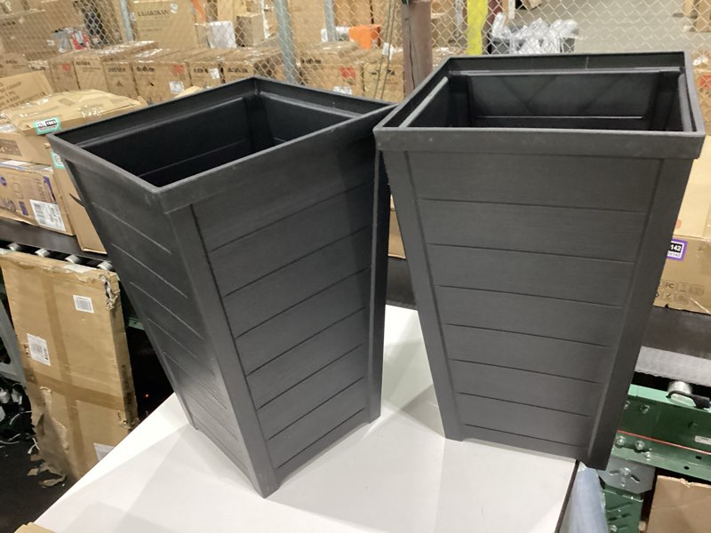 Condition photo showing New/Like New for keter set of 2 resin modern outdoor 22 inch tall large flower pots, tapered wood look planters for outdoor plants and front porch decor, graphite wood-look graphite