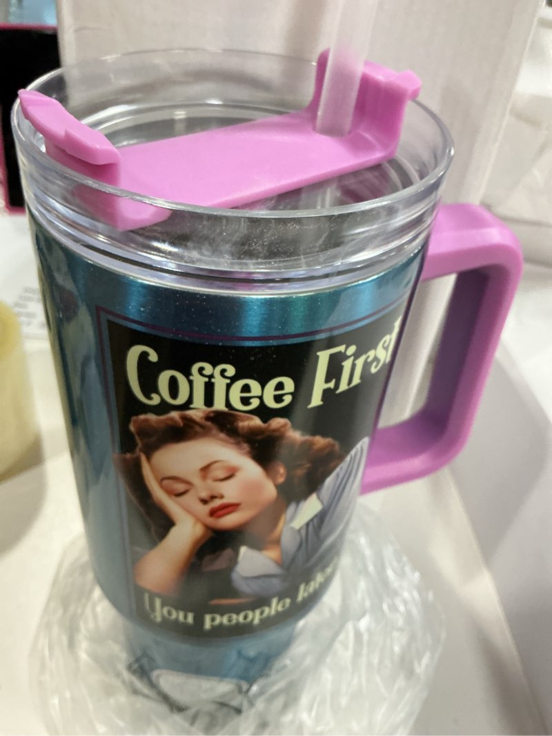 Condition photo showing New/Like New for Spoontiques Stainless Steel Travel Mug, 40oz - Double Wall Insulation, Sturdy Handle, Sliding Lock Travel Lid - Coffee