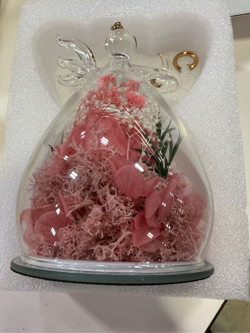 Condition photo showing As Is for gifts for women preserved rose forever flower in glass angel figurines fresh flowers for delivery prime mothers day birthday gifts for mom real pink roses for grandma sister wife her from daughter pink (rose, austin, baby's breath, hydrangea)