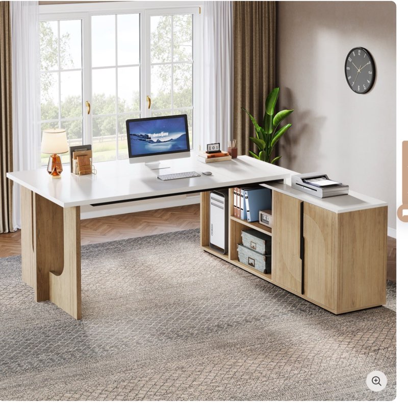 74" Executive Desk, L-Shaped Computer Desk Office Desk With Cabinet