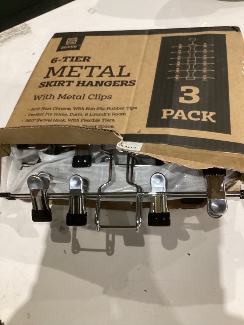 Condition photo showing Good Condition for ZOBER 3-Pack 6-Tier Skirt Hangers with Clips - Pants Hangers with Clips Space Saving, Closet Organization, Swivel Hooks, College Dorm Essentials, Skirt Hangers for Women, Jeans Organizer for Closet Sliver - 6 Tier 3 Pack
