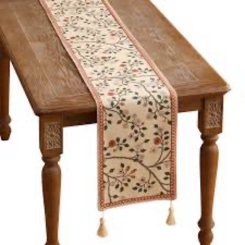 ISAENNE Designer Elegant Linen Floral Table Runner 102 Inches Long,Farmhouse Light Beige Durable Dec