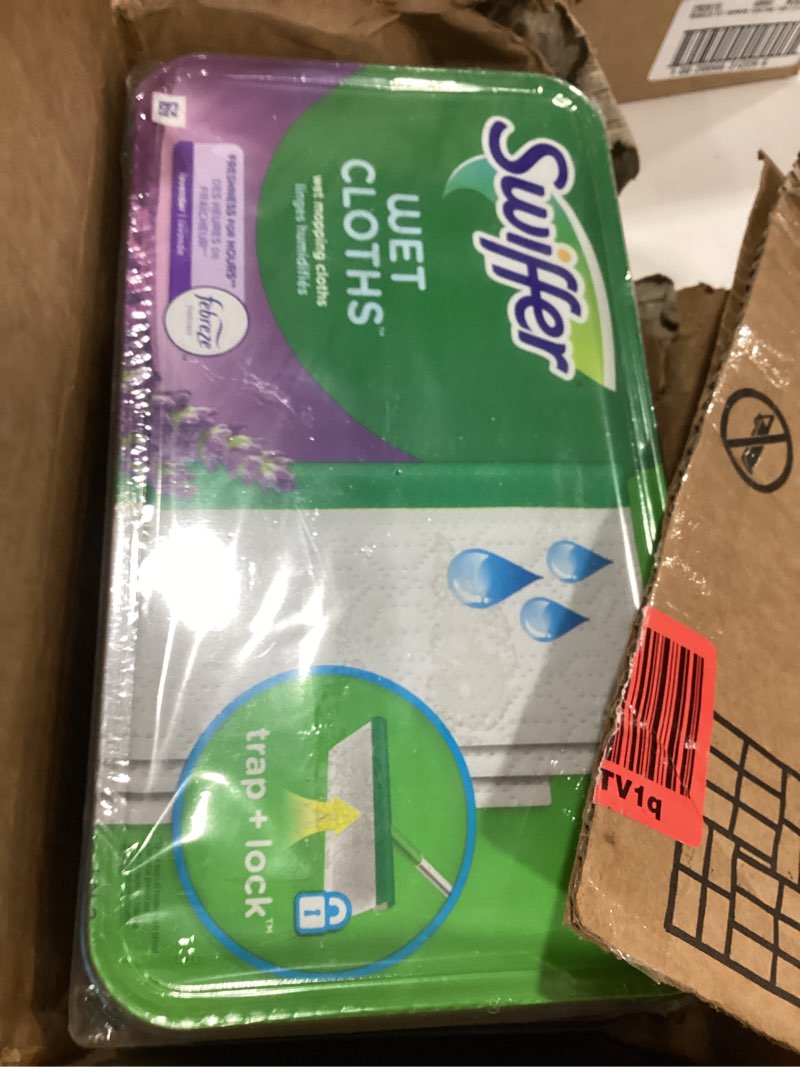 Condition photo showing Good Condition for swiffer sweep + mop, wet pads refill, floor cleaner for dirt, dust, hair, cleaning cloths for mopping home, bathroom, kitchen, all purpose multi-surface floor wipes, lavender, 12 count (pack of 3