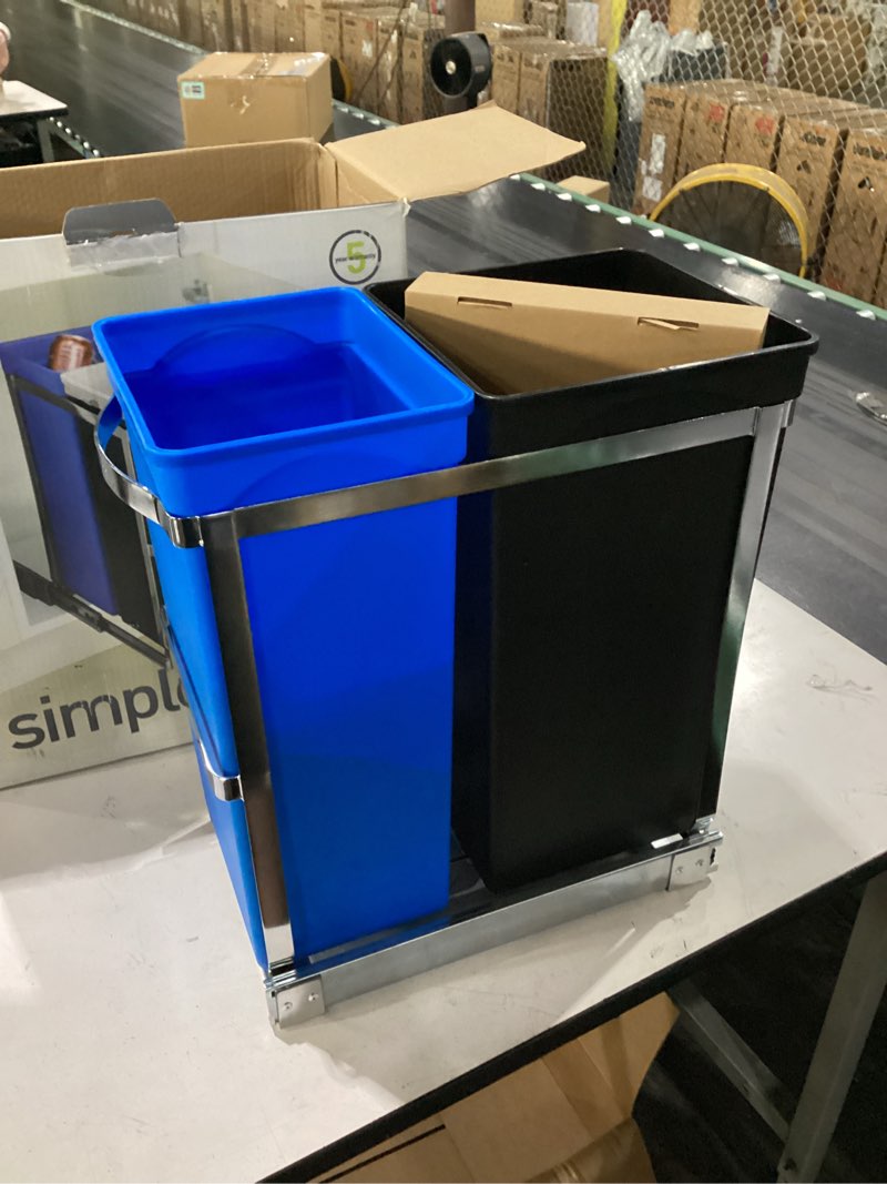 Condition photo showing Good Condition for simplehuman 35 liter / 9.3 gallon dual compartment under counter kitchen cabinet pull-out recycling bin and trash can, chrome 35 liter trash can
