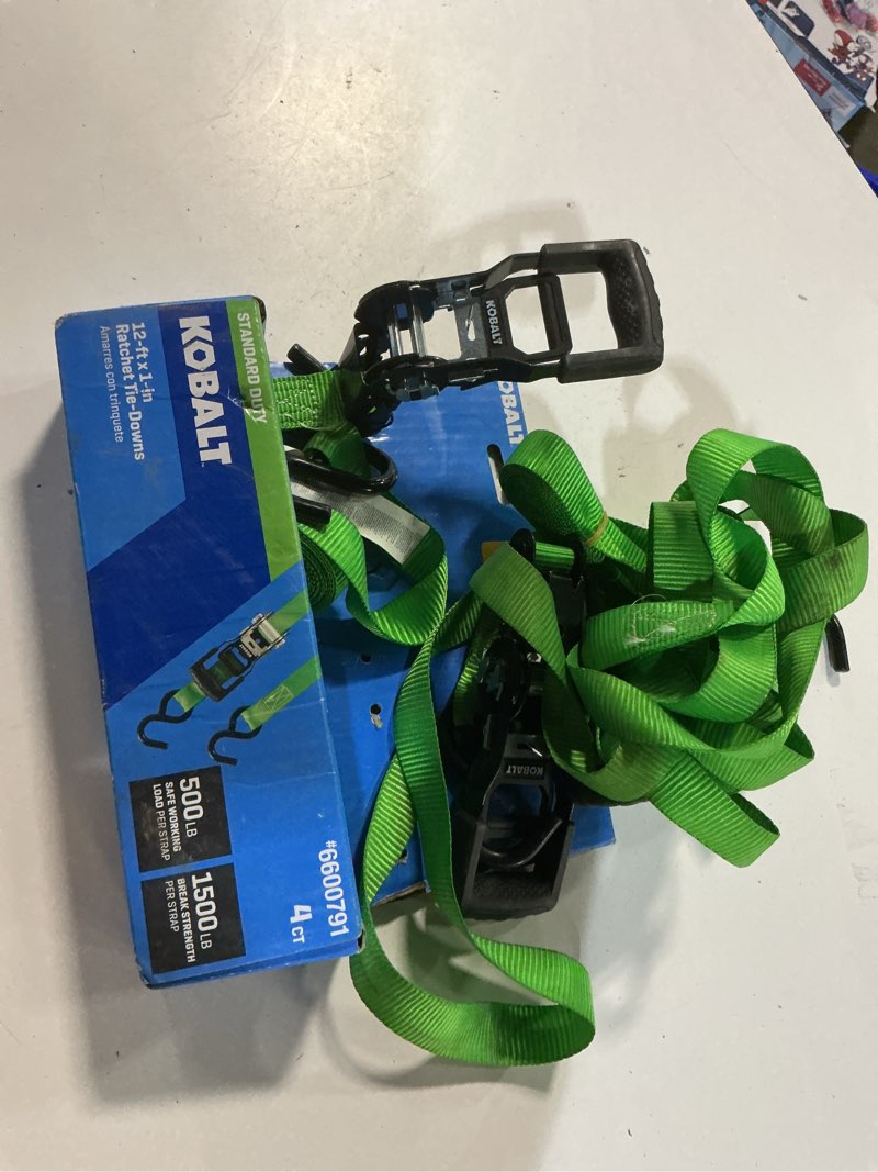 Condition photo showing As Is for kobalt 1-in x 12-ft ratcheting strap tie down with s-hook 1500-lb break strength (4-pack)