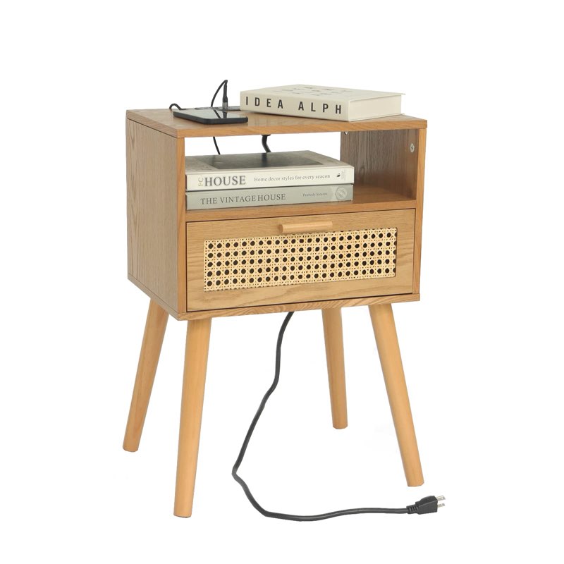 maxsmeo mid century modern nightstand with charging station, bedside tables with rattan drawer, smal