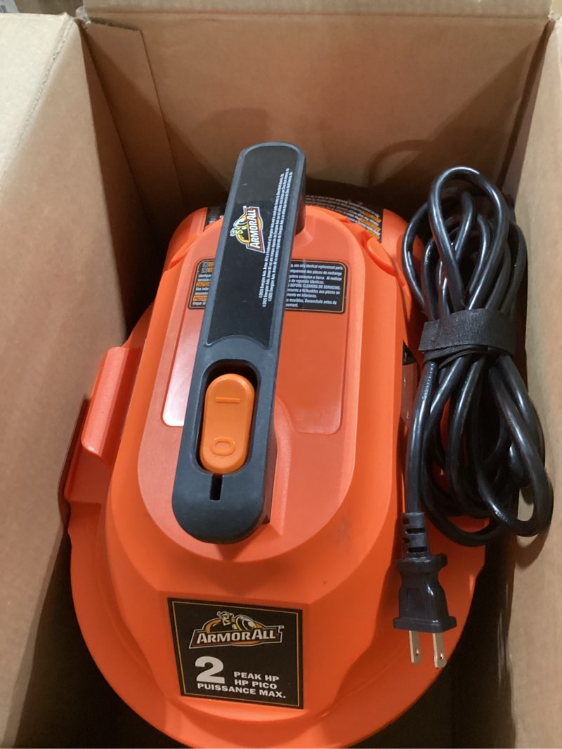 Condition photo showing As Is for armor all aa255w wet/dry utility vac 2.5 gallon, 2.5-gallon,120 volts (ac), orange/black update 2.5 gal