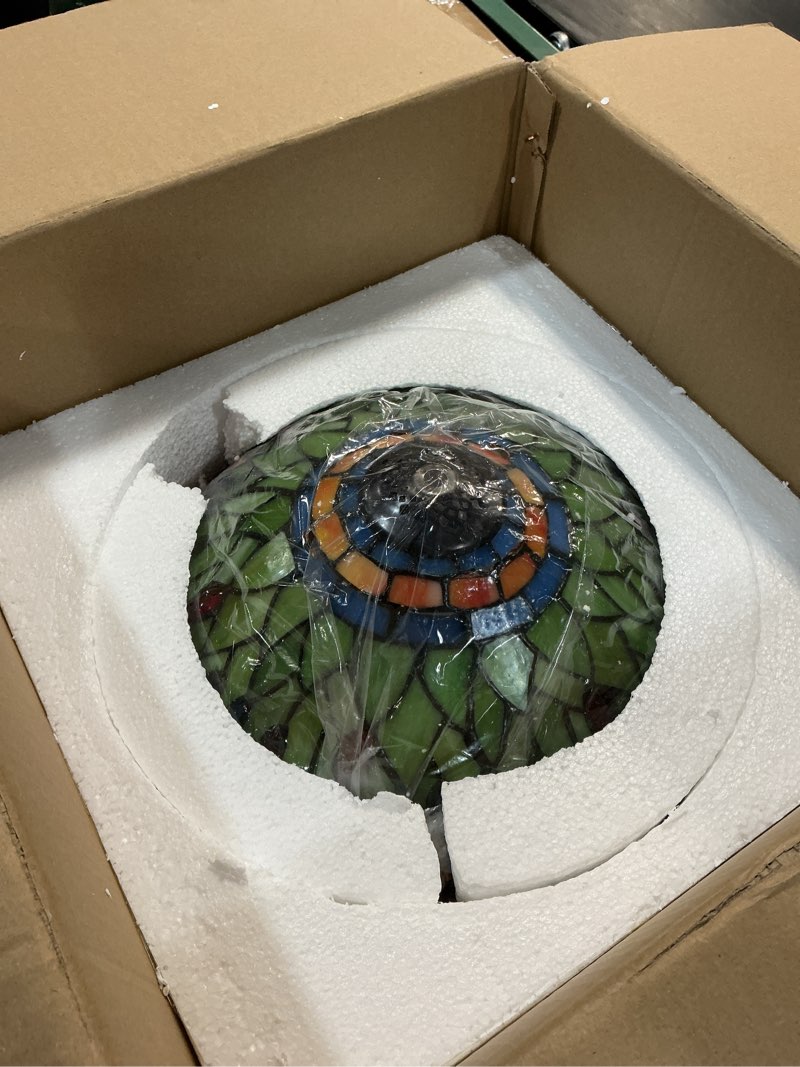 Condition photo showing Good Condition for jhuilap tiffany style table lamp,12x14 inches stained glass lamp with remote control, regulation colors temperature and brightness,blue leaf dragonfly style tiffany mushroom lamp for bedside