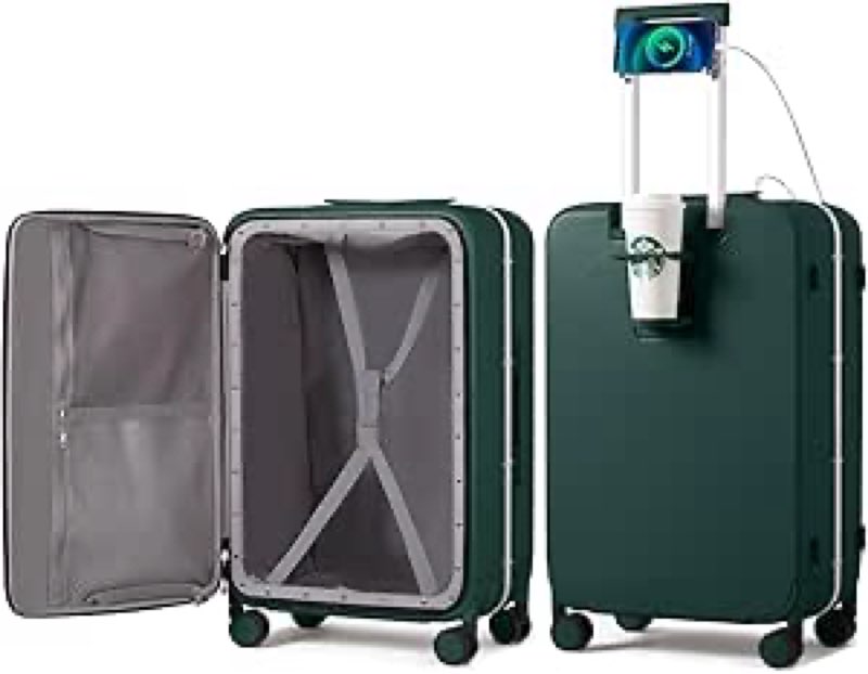 mixi checked luggage with cup phone holder and charger hard shell suitcases with spinner wheels, 24 inch blackish green