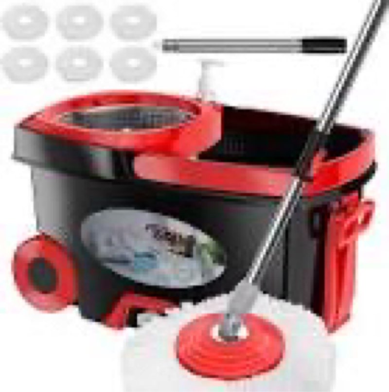 funclean 360° spin mop and bucket set with wringer, 6 extra microfiber heads, 61" extended handle fo