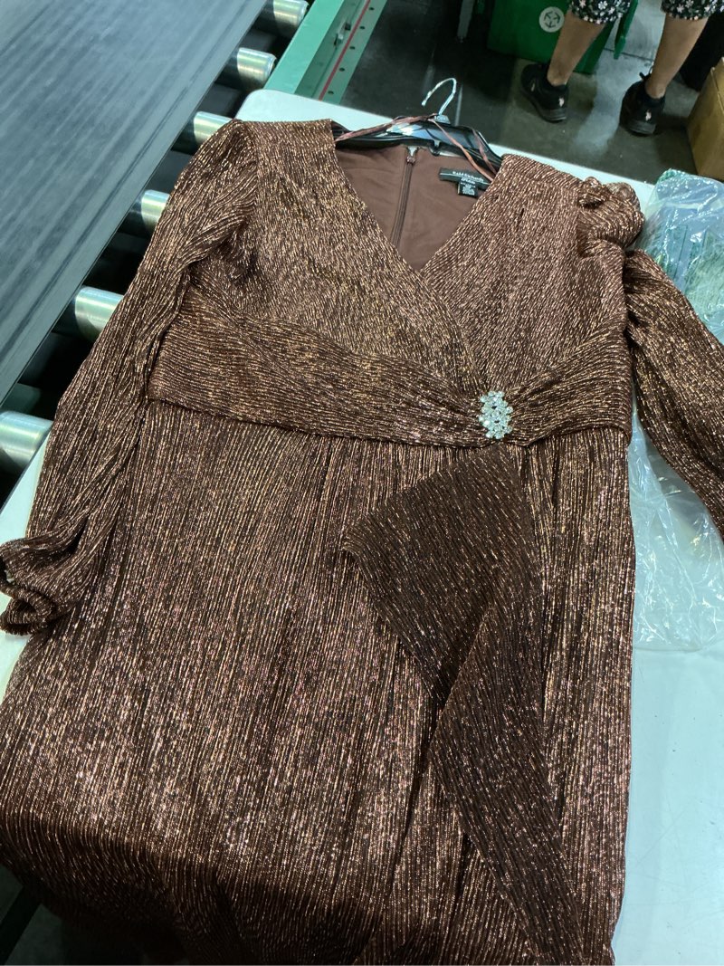 Condition photo showing Good Condition for r&m richards women's long sleeve pleated wrap maxi dress - evening & party gown w/ruched waist & ruffle 10 petite copper