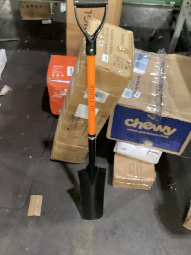 Condition photo showing As Is for highlight drain spade shovel 45inch orange fiberglass d grip trench digging | heavy duty steel sharpshooter garden spade for planting transplant trench drain digging yard outdoor gardening work