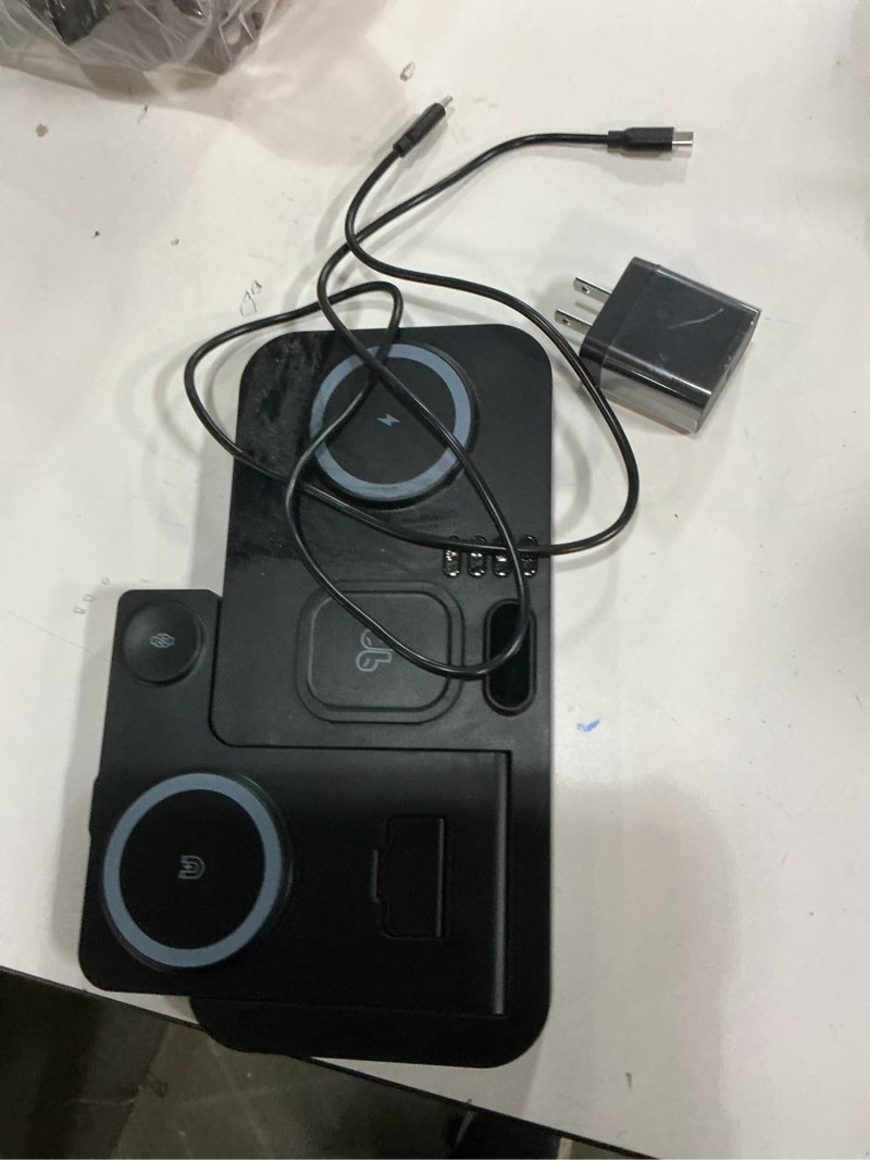 Condition photo showing As Is for dual phone magnetic wireless charging station for apple devices/apple ecosystem,with auto-switch 7-color light & clock, compatible with iphone 17/16/15, for iwatch 11/10/9 & airpods pro3?black