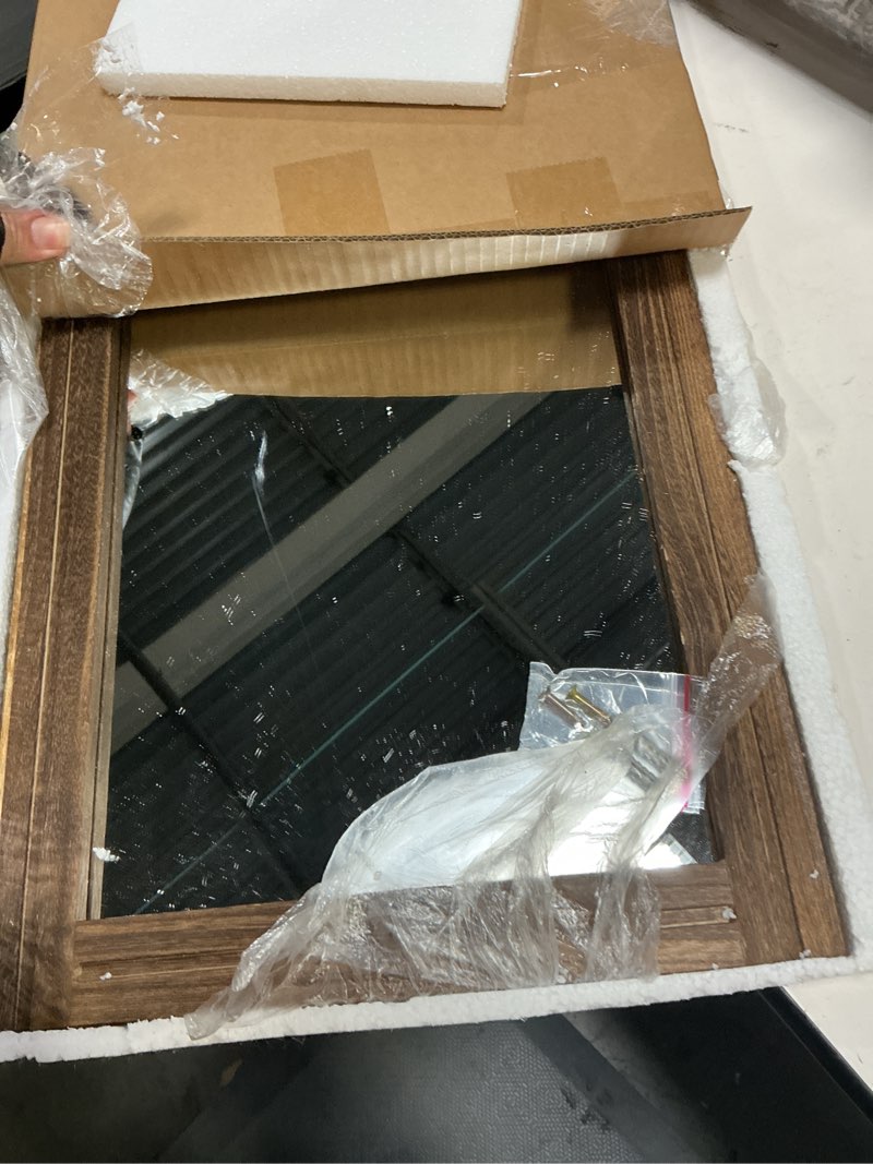 Condition photo showing New/Like New for aazzkang rustic wood mirror rectangle decorative wall hanging mirrors with frame for bedroom living room bathroom home entryway 16"l x 12"w retro brown