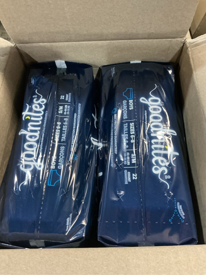 Condition photo showing New/Like New for goodnites boys' nighttime bedwetting underwear, size s/m (43-68 lbs), 44 ct (2 packs of 22), packaging may vary small/medium 44