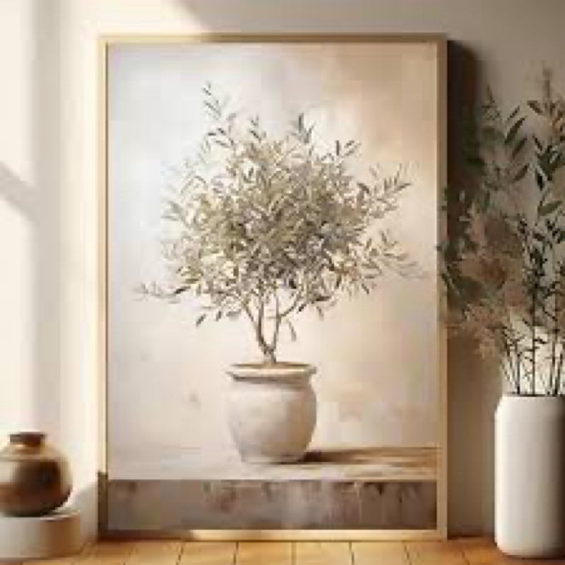 BRUZYIYE Gold Framed Wall Art Vintage Green Olive Tree Neutral Botanical Canvas Prints Rustic Plant 