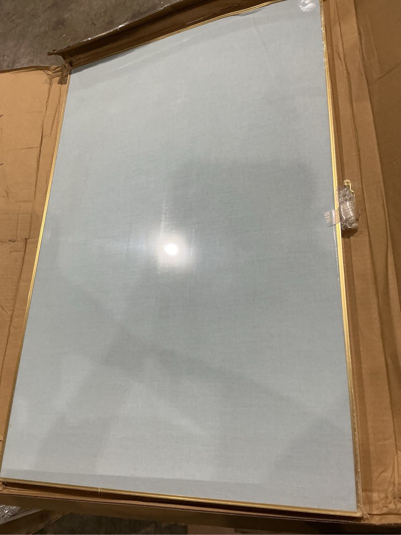 Condition photo showing As Is for fabric bulletin board 30x20 inches, golden aluminum framed wall pin board | cork board alternative for wall with push pins for office and home, linen display mood board for photos, notes & reminders light blue & golden frame 20" x 30"