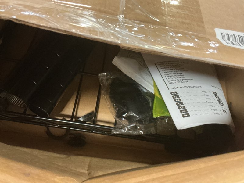 Condition photo showing As Is for Amazon Basics 5-Shelf Adjustable Heavy Duty Steel Wire Rack Storage Shelving Organizer for Kitchen, Garage, 36" L x 14" W x 72" H, Black 5-Shelf Black