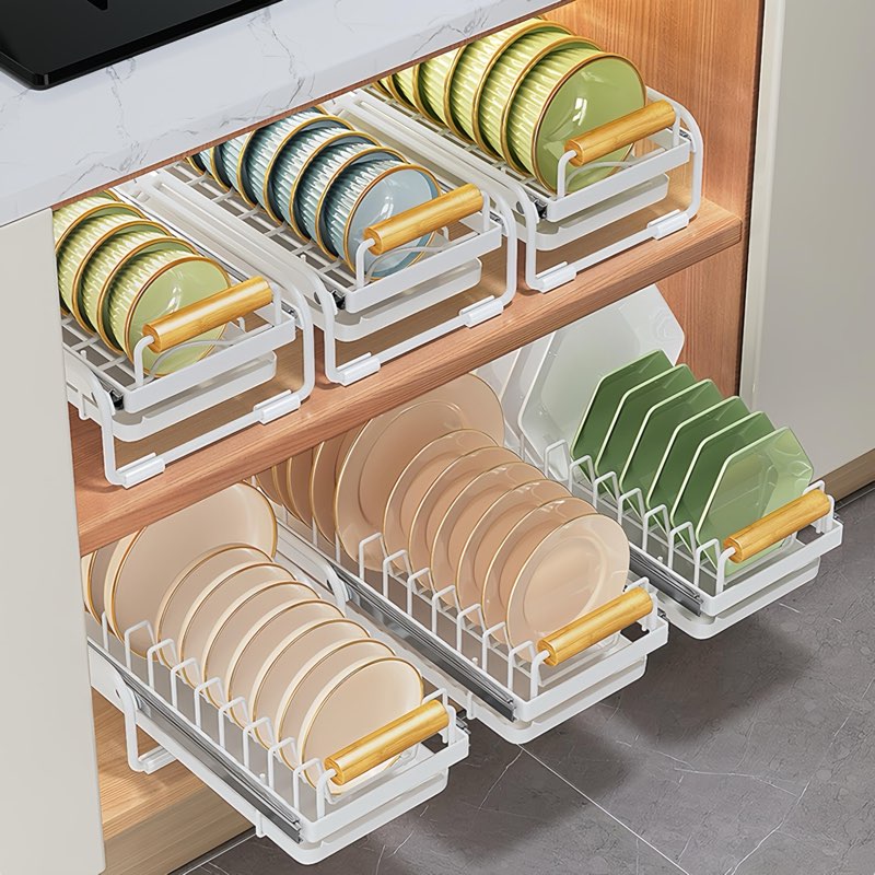Pull-Out Double/Single Tier Dish Rack for Cupboard, Slide Out Dish Drying Rack for Kitchen Cabinets,