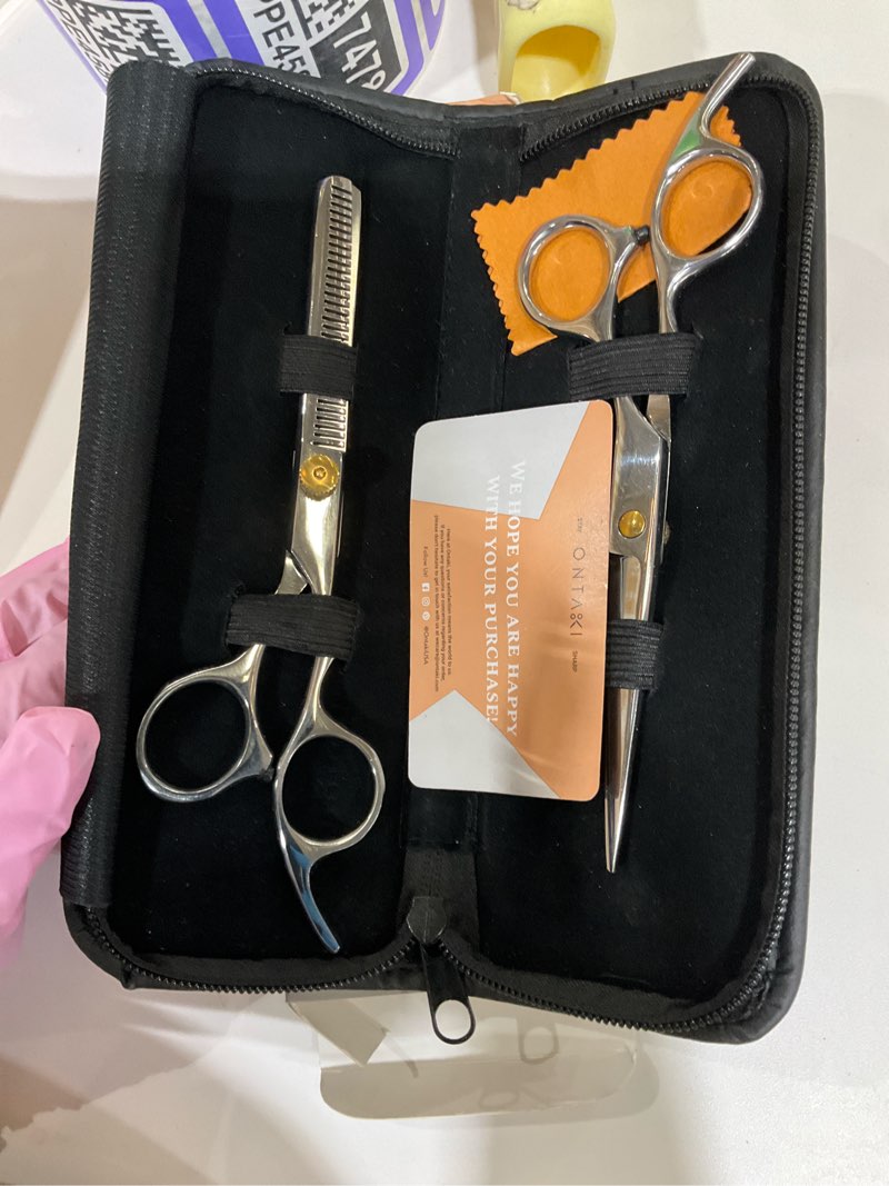 Condition photo showing New/Like New for Ontaki Hair Scissors & Thinning Shears Kit - 7 in, Silver, Japanese Steel - Precision Hair Cutting Scissors - Ergonomic Comfort Grip with Thinning Shear - Includes Styling Comb & Pouch