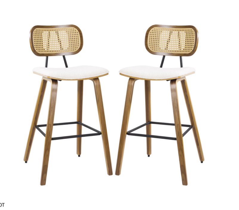 Counter Height Bar Stools Set of 2, 26? Bar Stools with Rattan Back, Bent Wood Legs and Metal Footrest, Mid-Century Modern Island Stool for Kitchen, Island, Dining Room (Black Fabric)