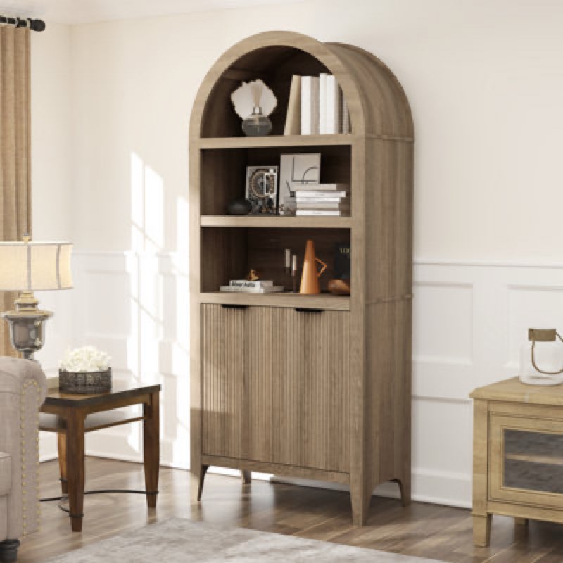 5 Tiers 72" Arched with Fluted Doors Bookcase, Cabinet Floor Standing Bookshelf