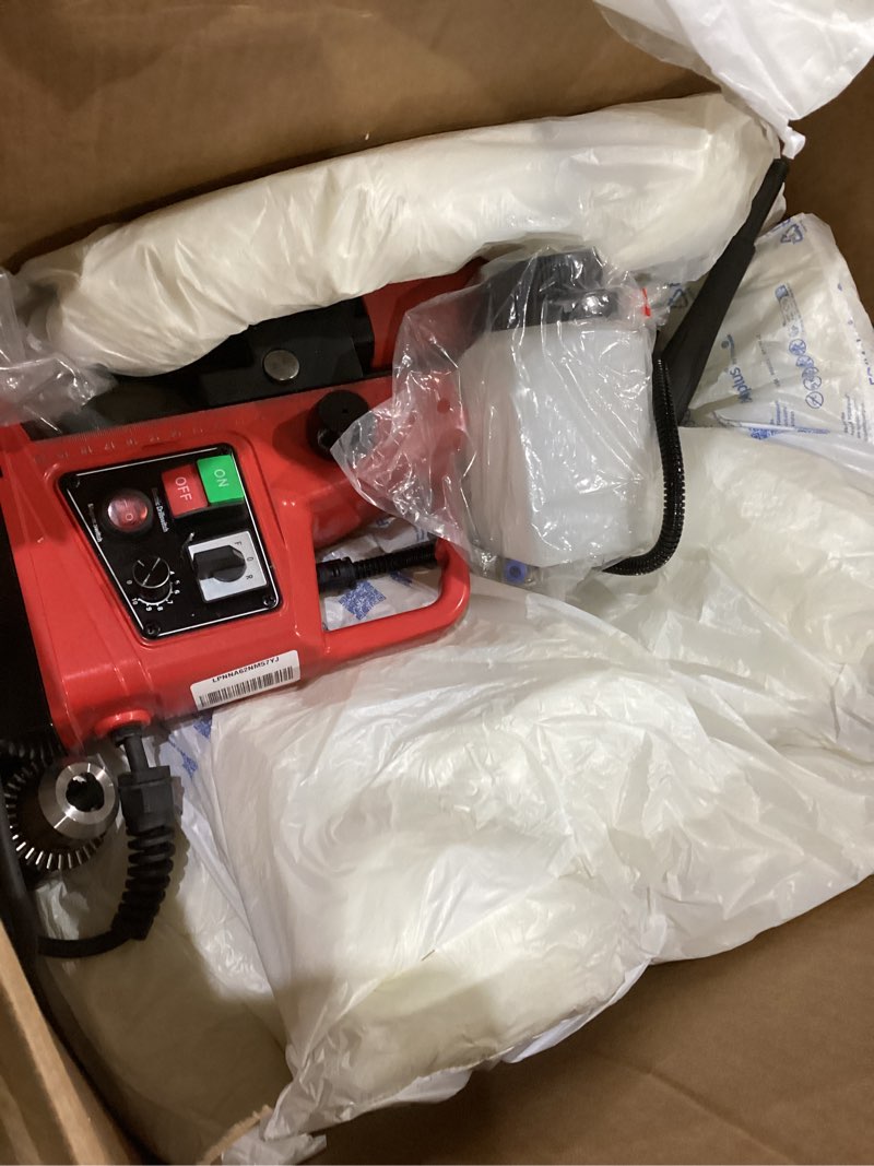 Condition photo showing As Is for mag drill press, 1400w 810rpm portable magnetic drill press, 10-speed core electric drilling machine for metal working,10pcs annular cutters drilling bits?red