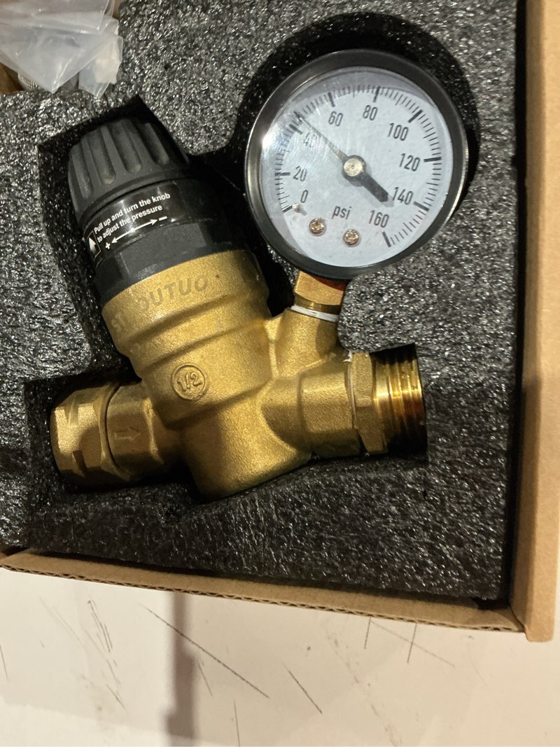 Condition photo showing As Is for stmoutuo rv water pressure regulator for rv camper. brass lead-free adjustable camper water pressure regulator with 0-160 psi gauge ?reducer valve w filter?package includes 1 raw tape for water pipes.